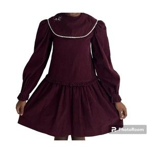 Vintage Dark Academia Dress Corduroy Embroidered Removable Collar Maroon Sz 8 Wm